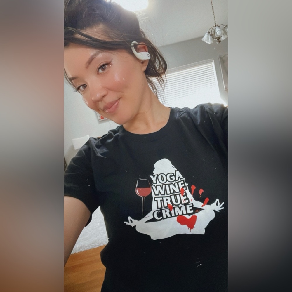 Yoga Wine & True Crime Tee Shirt, Size Small